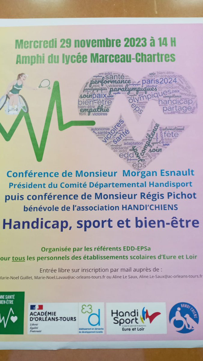 EDD_AOT's tweet photo. Flash-back EDD-EPSa : 
Mercredi dernier, à @LyceeMarceau de Chartres  :
➡️ Conférence "Handicap, Sport et bien-être" ouverte à tous les établissements du département
♿️Morgan Esnault président du comité handisport 28 
🦮Régis Pichot, bénévole Handi'Chiens, et Tarzan, le chien ! https://t.co/L78RYQsfBL