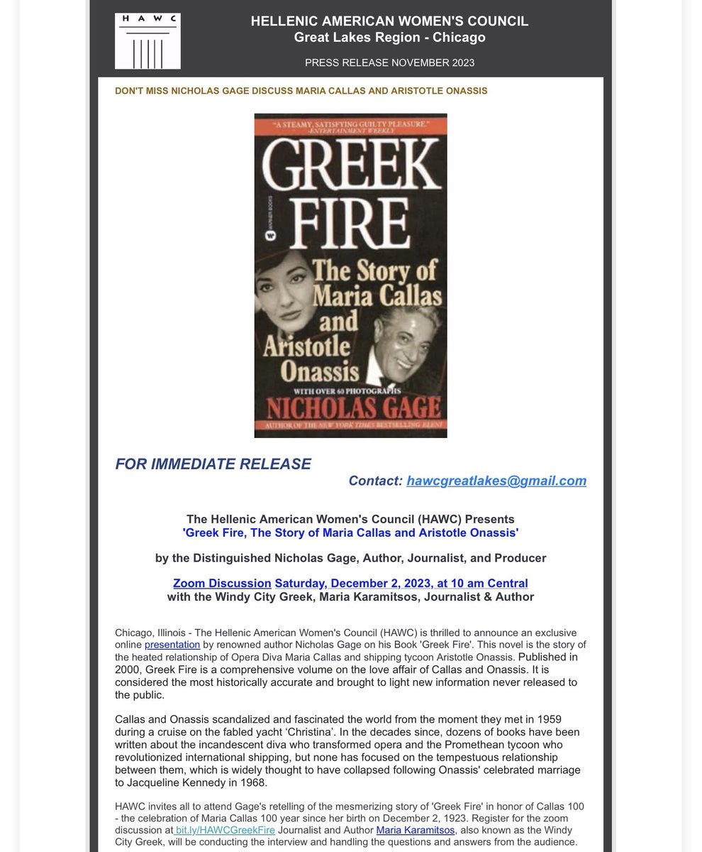 Join Maria Karamitsos and Nicholas Gage for what promises to be an interesting and informative interview.
Courtesy of HAWC Great Lakes Region-Chicago
#hawc2023 
#windycitygreek
#neomagazine
#mariakaramitsos 
#mariacallas 
#nicholasgage 
#greekfire
#taxitoamerica