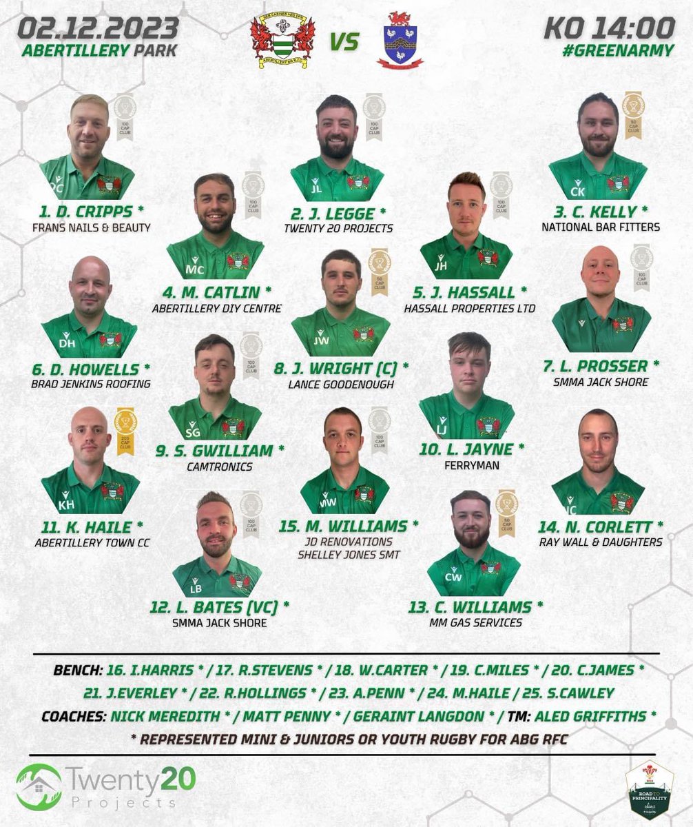 🔊 SQUAD ANNOUNCEMENT 🔊 Here's how the boys line up as we welcome Heol Y Cyw to the park tomorrow! Don't forget the earlier kick off time. 🕐 14:00 KO 📍 Abertillery Park 🍔 U16's on the BBQ #GreenArmy