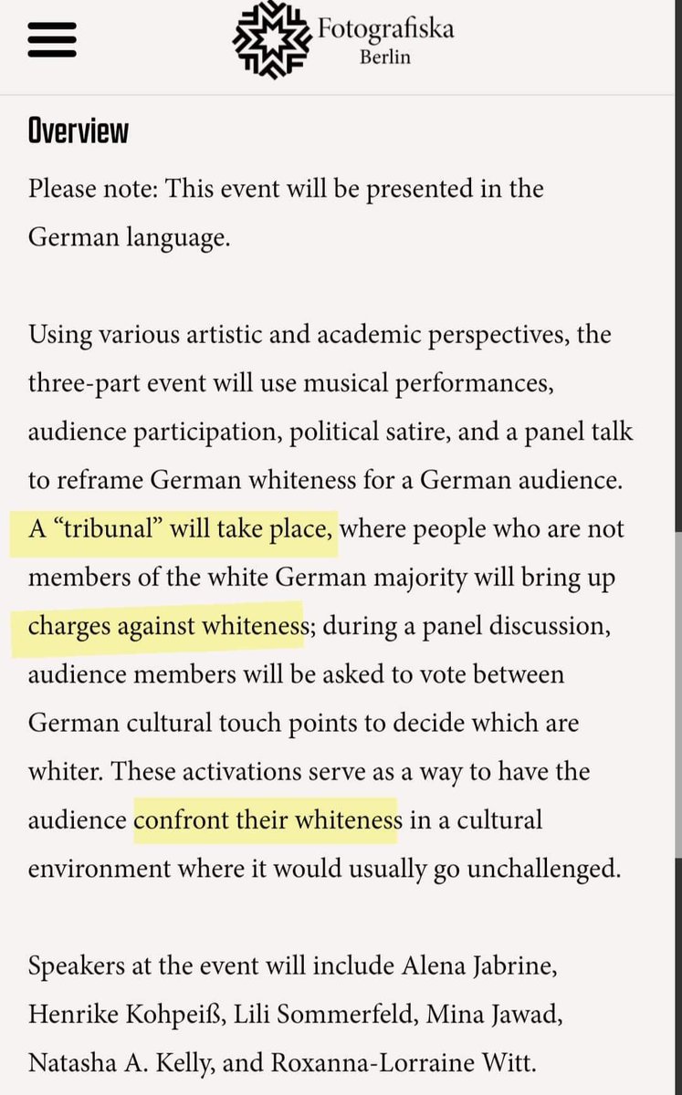 MarkusvonRoder's tweet photo. Hi @elonmusk - have you seen this?

It's an "art project" in Germany representing "#criticalwhiteness", culminating in a "Tribunal" against the "White majority" in Germany.

At first I thought it was Satire.
It apparently isn't. https://t.co/UXos9BoUMw
