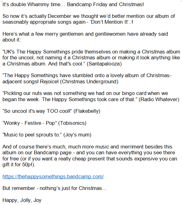 Sorry to be pestering pests - but thought now seems the right time?🎄🎄🎄thehappysomethings.bandcamp.com Any shares much appreciated🙂😎😍 @realajn @kevonhissoapbox @nutsontheradio @memphis_tom @nullpunter @MarkCarrArt @DebrisDiscs @LostSignalTunes @AndersonTapes @uncle_kid_music