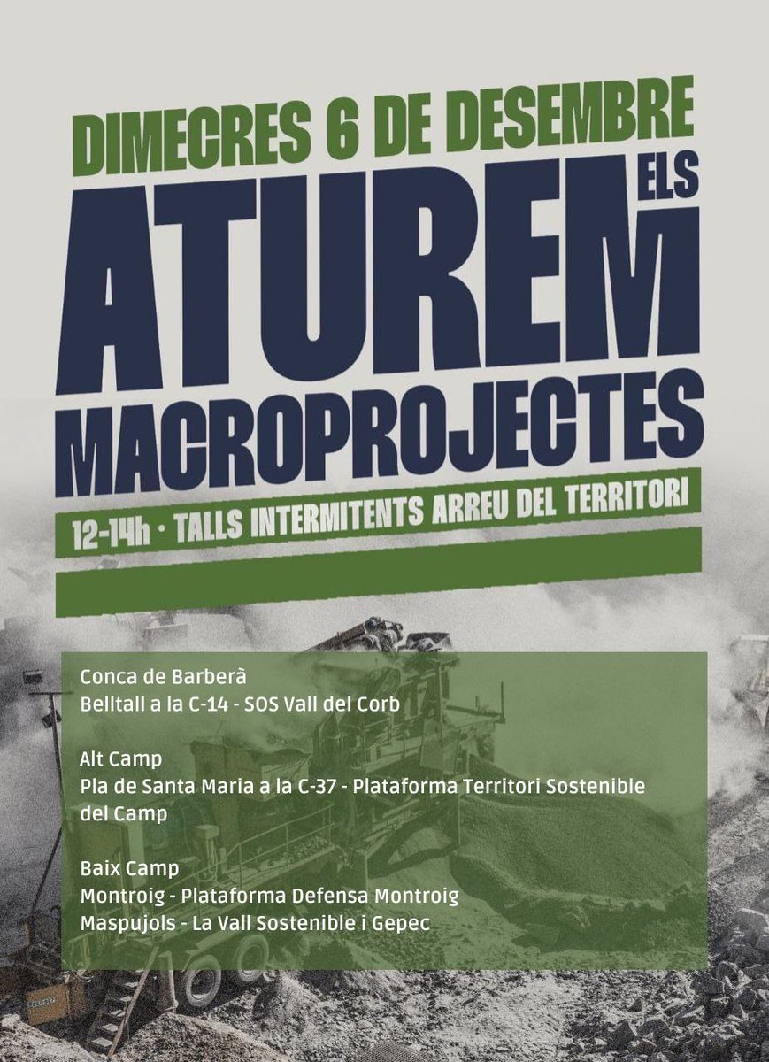 Per una transició energètica justa
Per una transició energètica amb i no contra el territori
Ens sumem a les protestes del proper Dimecres 6!! 💪

📍Semàfor de Maspujols (T-704)
🕘 12-14h
👩‍🌾🧑‍🌾👨‍🌾