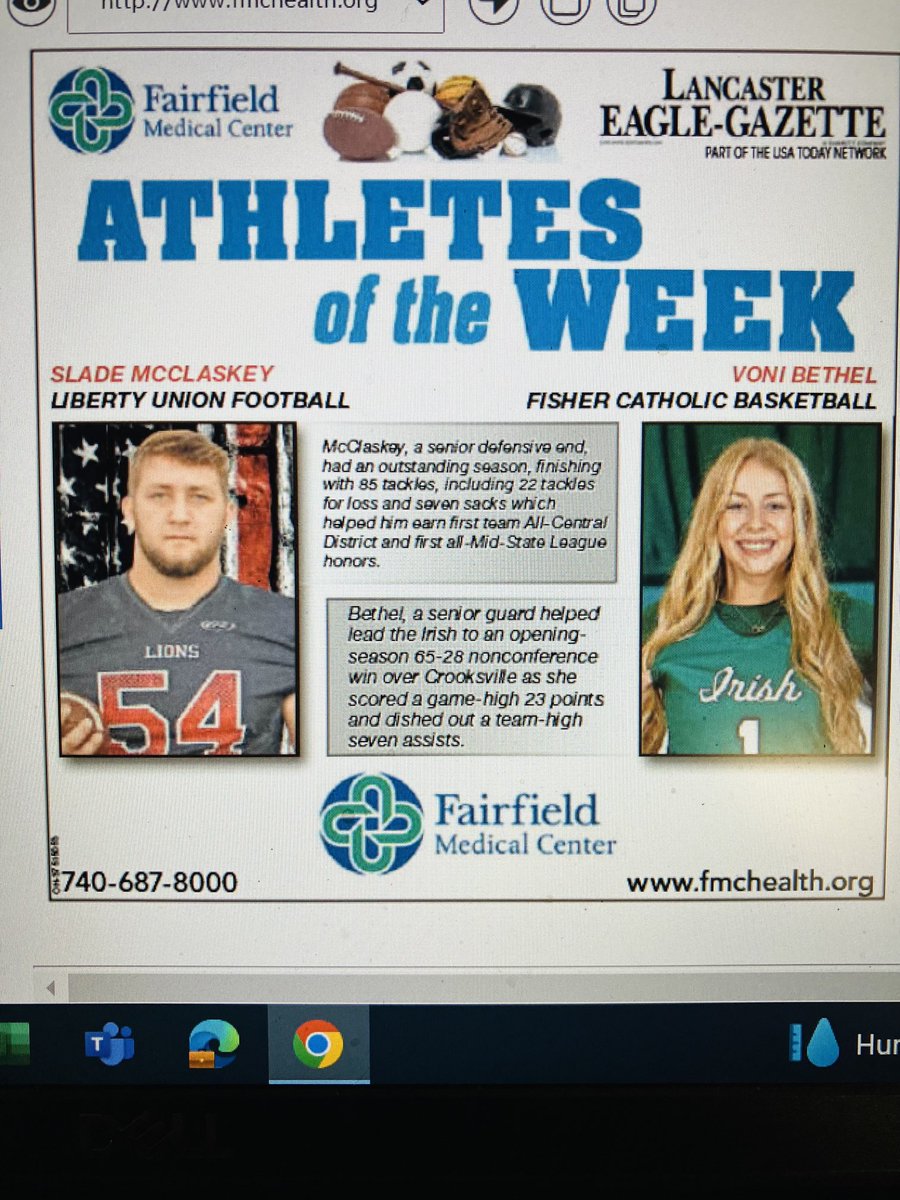 twil2323's tweet photo. Eagle-Gazette Athletes of the Week: Liberty Union’s Slade McClaskey and Fisher Catholic’s Voni Bethel. ⁦@LULions⁩ ⁦@LULionsBoysBSK⁩ ⁦@SladeMcC54⁩ ⁦@girls_fisher⁩ https://t.co/txkSeuCzkA