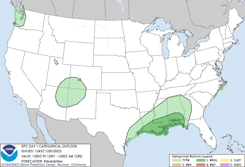 NWSSPC's tweet photo. 6:45am CST #SPC Day1 Outlook Marginal Risk: from parts of coastal southeast Texas to the western Florida Panhandle https://t.co/TgJgC6cQZw https://t.co/QLpxyPlQRh