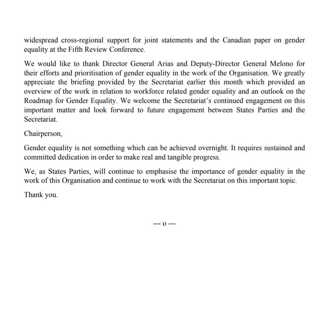 CanadaOPCW's tweet photo. Fantastic to see broad cross-regional support for this initiative at #CSP28. #Canada 🇨🇦 is committed to promoting #GenderEquality and diversity in the work of the @OPCW. 

@CanAmbNL @IrelandinNL

📜 Full joint statement on gender ⬇️ https://t.co/j0OkmS2w3U