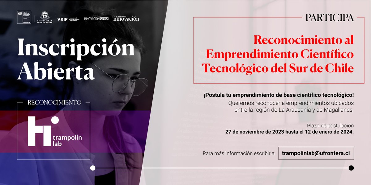 UfroInnovacion's tweet photo. ¿Tienes una empresa de base científico tecnológica en la macrozona sur y necesitas apoyo? 

Participa en el Premio Trampolin Lab @UFrontera  Reconocimiento al Emprendimiento Científico Tecnológico del Sur de Chile.

Postula en: https://t.co/H0RFFOy1Y8 https://t.co/Ba8CSRVsWL