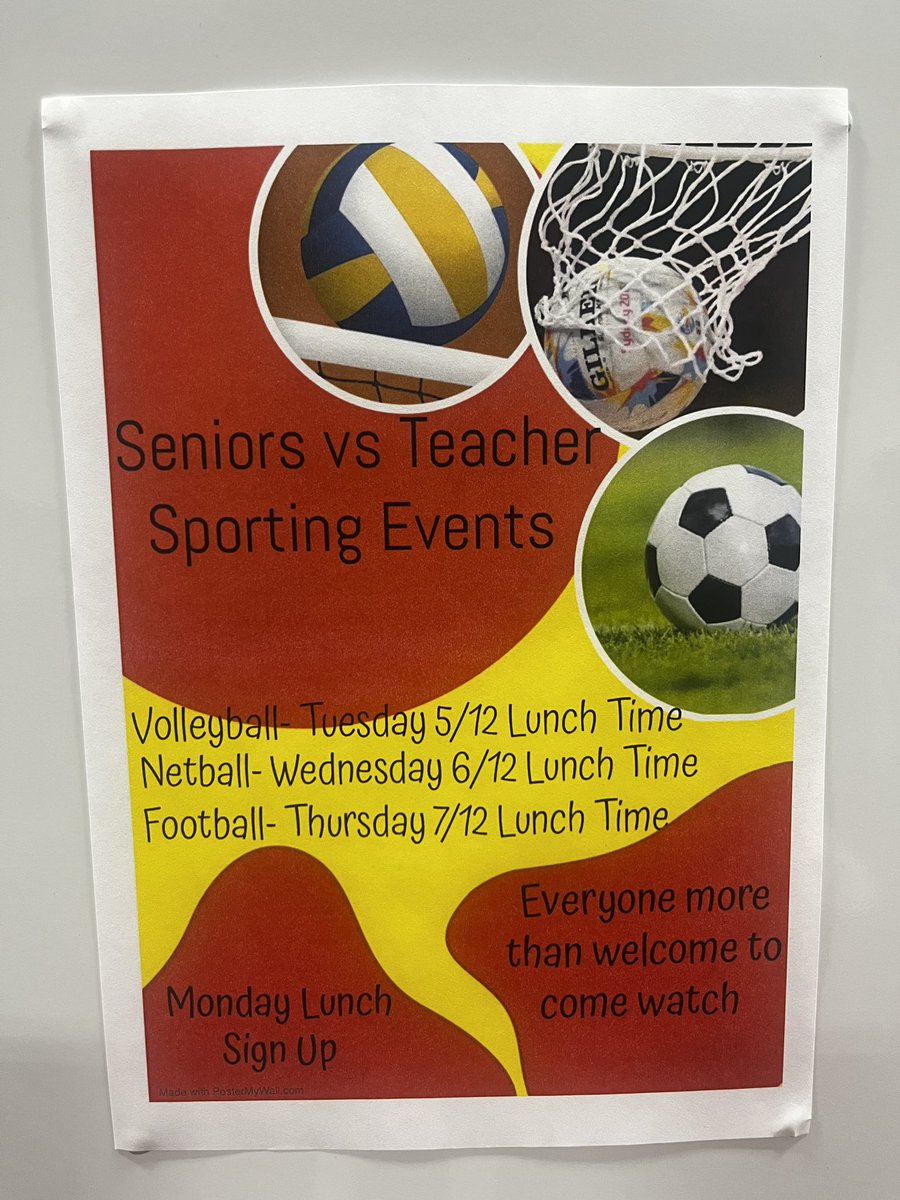 CHSHWB's tweet photo. SENIOR VS TEACHER COMPETITIONS 

Tuesday - Volleyball 1.40 - 2.05
Wednesday - Netball 12.50 - 1.15
Thursday - Indoor Fives 12.50 - 1.15 

✍️ Participation sign up on Monday lunch time!

Anyone is welcome to come along and watch 👍🏼

@CathkinHigh #itsSLC https://t.co/OCzXEpLaBK