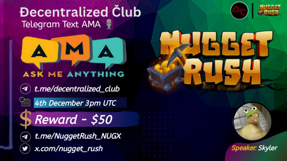 dens_club's tweet photo. DC Presenting a #Text_AMA🎉

📌 Venue : https://t.co/UTG7EBNuUo
⏰ When : 4th December 3pm UTC 
🤑 Reward : $50

5 winners will get $10 each

1⃣ Follow @nugget_rush
2⃣ Like & RT & Tag 3 Friends 
3⃣ Post your questions.

🚸 Must Join NuggetRush & DC Telegram & Twitter before the AMA otherwise you wont be chosen as WINNER.

https://t.co/RHu5g0XYok
https://t.co/llHZgFHvDt
https://t.co/UTG7EBNuUo
https://t.co/ME6WlEt3TP

Best of luck 🤞!

#Giveaway #Airdrops #DC #decentralized_club #NFT #NFTs #NFTgiveawas #Giveaways #Airdrop #AMAs #Crypto #web3