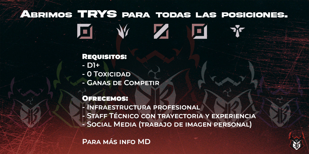 🚨 ABRIMOS TRYS PARA TODOS LOS ROLES 🚨

Con el objetivo de competir en CT vamos a crear un nuevo roster de Diamante 1+

Si estás interesado/a puedes rellenar el formulario para participar en los tryouts😉

➡️forms.gle/zxPP8ZWeYX4i5V…⬅️