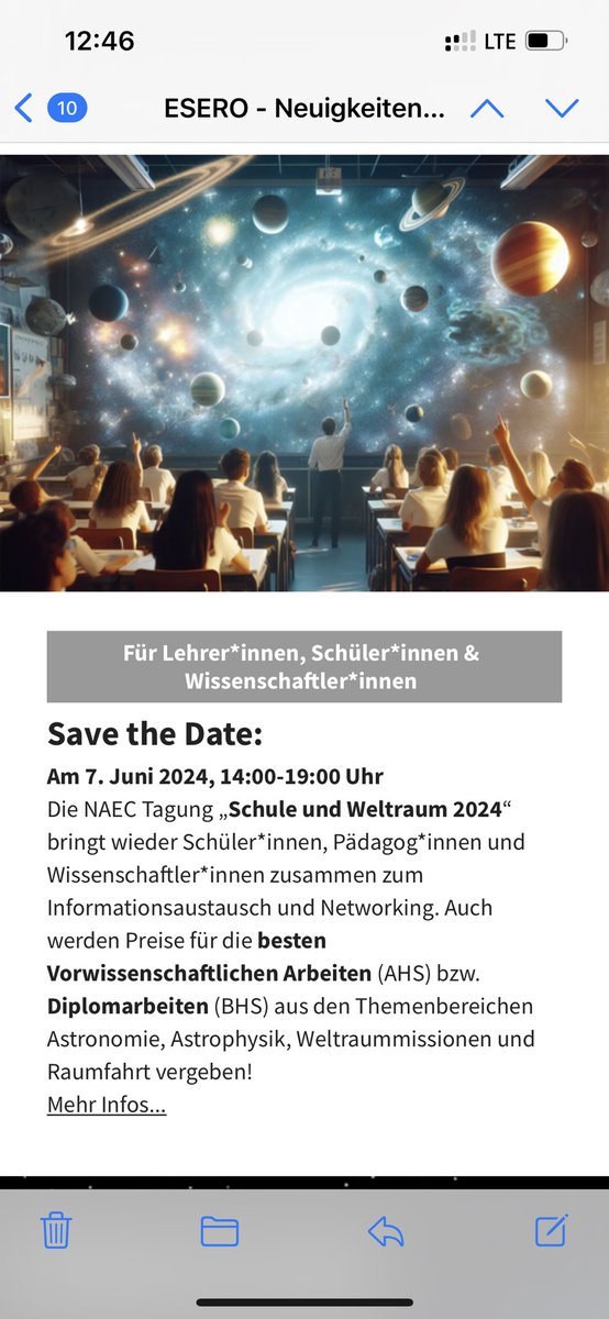 Also this year #NAECaustria @astro4edu & @ESEROAustria organize a prize for the best pre-scientific high school thesis on astrophysics & space. The prizes will be awarded on June 7 in a symposium to connect educators, researches & space flight industry. ars.electronica.art/esero/de/sympo…