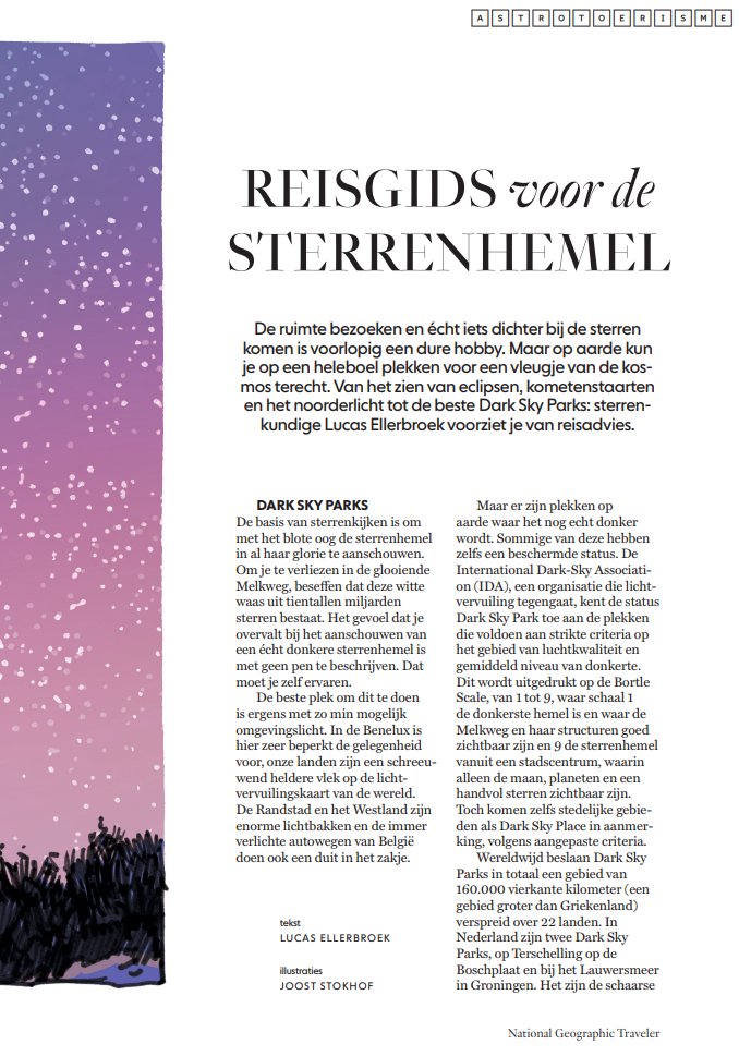 To infinity and beyond! Mijn 'reisgids voor de sterrenhemel' is vanaf deze week te lezen in National Geographic Traveler <a href="/NatGeoNL/">National Geographic</a>. De mooiste <a href="/IDADarkSky/">DarkSky International</a> parks, observatoria (modern en historisch), eclipsreizen, aurora- en meteorenjagen. #astrotoerisme #stargazing ☄️🌃🌟🔭🌍