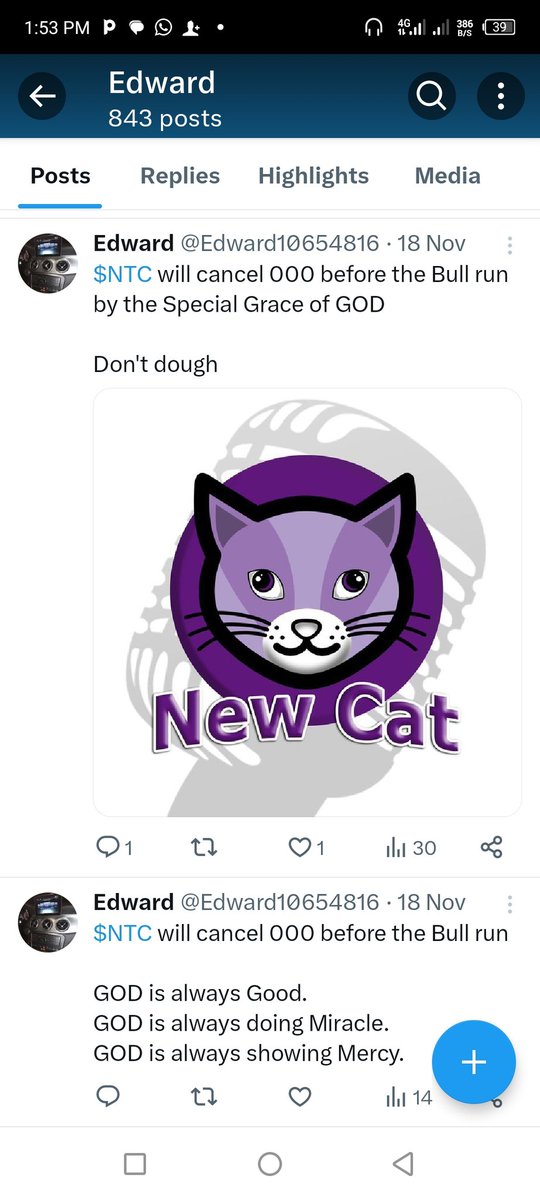 Go and check the date I posted this ...18/11 Just wait for the Miracle
@NewcatcoinNCT ... GOD Never failed