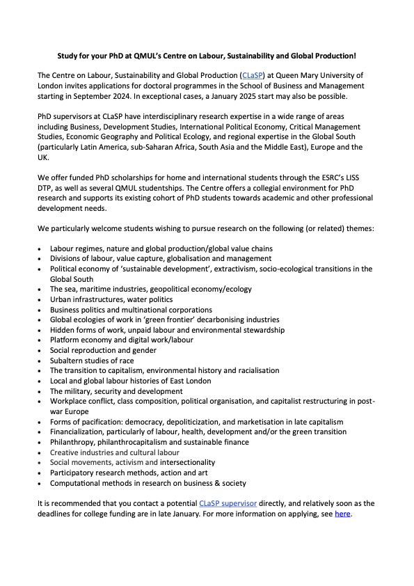 .@clasp_qmul invites PhD applications on areas of expertise of its faculty members (see image). Internal funding options available for UK & int'l students. Deadlines in late Jan. More on CLaSP: qmul.ac.uk/busman/researc… More info on applications: qmul.ac.uk/postgraduate/r…