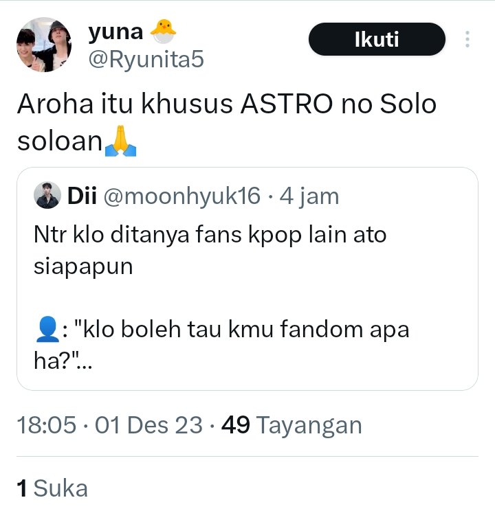 Setuju banget! Fans Eunwoo bukan cuma Aroha, Eunwoo itu disukai oleh berbagai fandom, dari anak2, remaja, sampai mamak2 &amp; nenek2 pun ada ☺️

🗣️ : "Kamu fans Eunwoo?"
🙋🏻‍♀️: "Iyaaaaa Kak 🥰"
🗣️: "Oh kamu Aroha ya?"
🙅🏻‍♀️: "😑🥴"

Demam gue langsung.. kayak harus banget jadi Aroha🤢