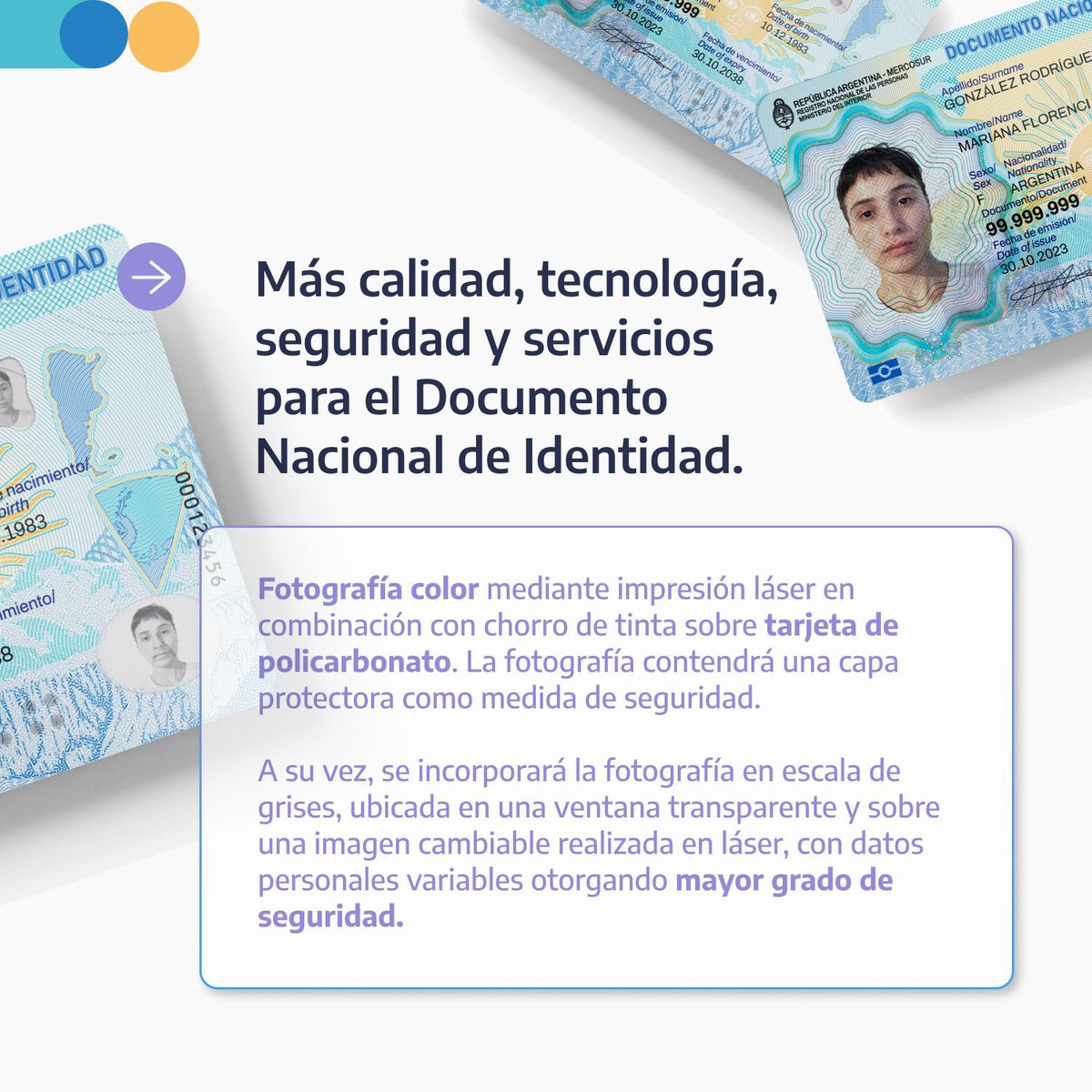 renaper_ar's tweet photo. 🇦🇷 El @MinInteriorAR a través del @renaper_ar oficializa el nuevo DNI electrónico con chip. 🆕🔒

🌐 Adaptado a los más altos estándares internacionales, este documento incorpora tecnología de punta con un chip y policarbonato impreso en láser para máxima seguridad. 🛡️💡 https://t.co/tOnQUviUJc