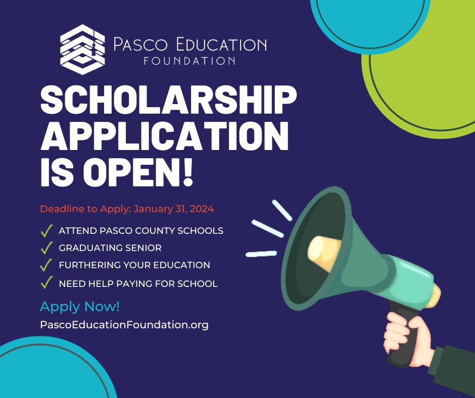 𝟐𝟎𝟐𝟒 𝐒𝐞𝐧𝐢𝐨𝐫𝐬!  👩‍🎓 It's time to apply for Scholarships! Applications are now open and close on January 31, 2024. There are over 𝟏𝟎𝟎 𝐬𝐜𝐡𝐨𝐥𝐚𝐫𝐬𝐡𝐢𝐩𝐬 available.
Apply at: pascoeducationfoundation.org/students
#PEFScholarships #PascoScholarships