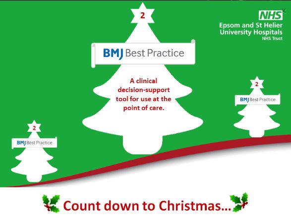 Day 2 of the #ESTHLisAdvent calendar of Library resources and services is <a href="/BMJBestPractice/">BMJ Best Practice</a> - ranked one of the best clinical decision support tools for health professionals worldwide! Available to all @epsom_sthelier, <a href="/SuttonHandC/">Sutton Health and Care</a> and <a href="/SurreyDownsHC/">Surrey Downs Health and Care</a>: calendar.myadvent.net/?id=53f63035ec…