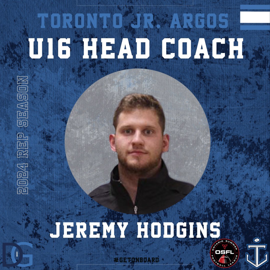 2024 U16 Rep Tackle 
Jeremy Hodgins
Head Coach 

Coach Hodgins played for Wilfrid Laurier from 2015-19 and won a Yates cup in ‘16. He was part of the 2023 Jr Argos U16 coaching staff as a positional coach and is excited for his new role for the 2024 season. 

#GetOnBoard ⚓️🌊