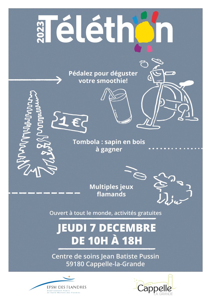 [#telethon #participation #soutien #solidarité]
📣 Envie de soutenir le <a href="/Telethon_France/">AFM-Téléthon</a>...Vous avez rendez-vous ce jeudi 7 décembre de 10h à 18h...Au Centre de soins Jean-Batiste Pussin de l <a href="/EpsmFlandres/">EPSM DES FLANDRES - GHT Psy NPdC</a> pour expérimenter le 🚲 'vélo smoothie', participer aux jeux flamands 🐸
