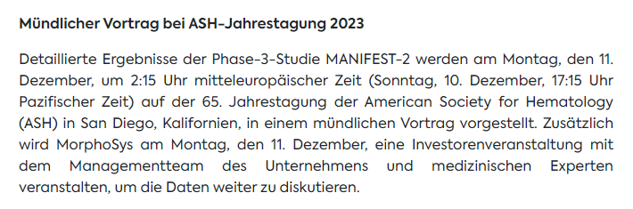 michaelbarck2's tweet image. Hier noch die Ankündigung von #Morphosys $MOR mit dem nächsten wichtigen Termin für #Pelabresib. Wenn die Daten nicht die massiven Zweifel aus der letzten News zerstreuen, wird es möglicherweise heftig...