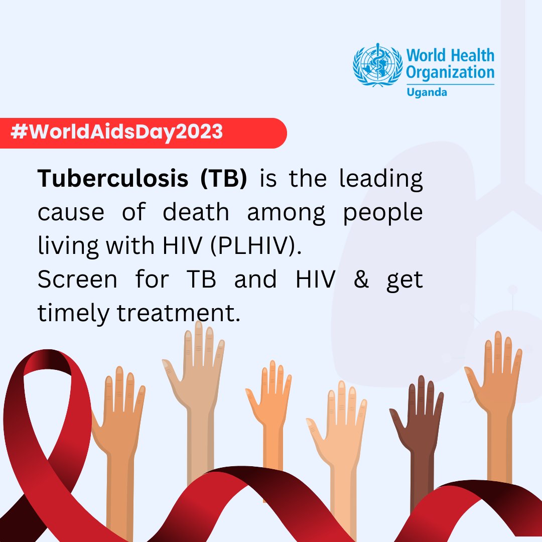 #WorldAIDSDay2023 In 2022, #Uganda reported over 94,000 TB cases of whom, 33% were HIV positive. Through @WHO and partners' support to @GovUganda, people living with HIV are screened for TB and given preventive therapy or treatment.