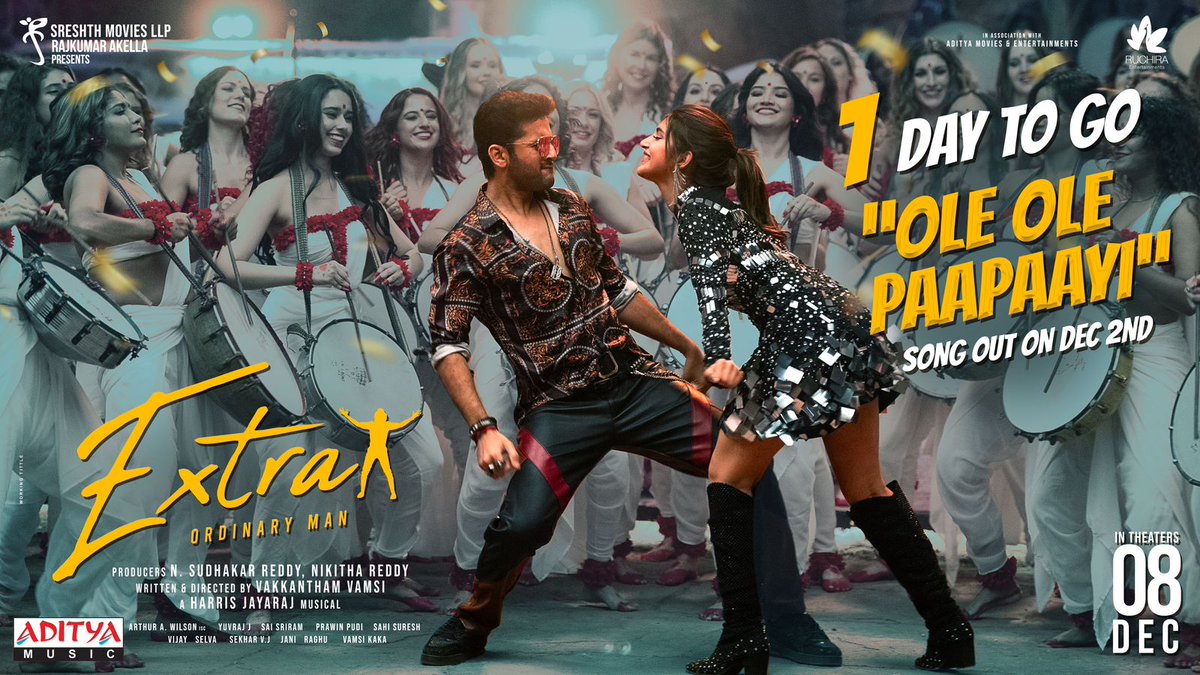 Get ready for #ExtraOrdinary Massive electrifying dance saga with @actor_nithiin & @sreeleela14! 🕺 💃 #OleOlePaaPaayi song releasing tomorrow 🥁💥 #ExtraOrdinaryMan #ExtraOrdinaryManOnDec8th @ActorRajasekhar @Jharrisjayaraj @AlwaysJani #SudhakarReddy #NikhithaReddy…