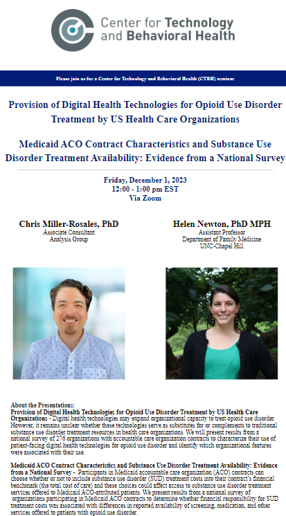 DartmouthCTBH's tweet image. Today! We&apos;re excited to host @CMillerRosales and @Helen_E_Newton at our next CTBH Seminar! @analysisgroup @uncfammed #OpioidUseDisorder #substanceusedisorders