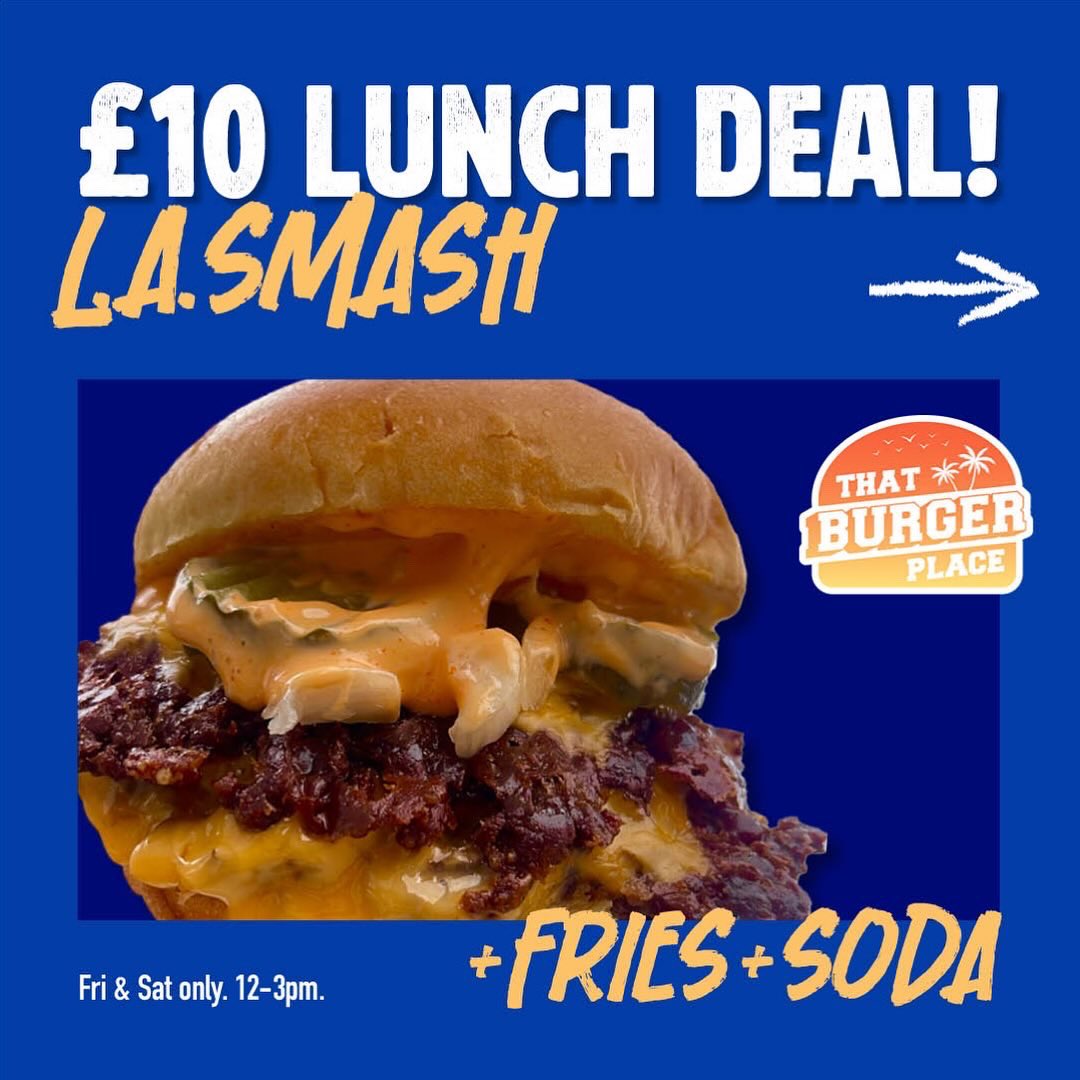 thatbgrplace's tweet photo. £10 LUNCH IS HERE 🙌🏻🍔

It’s back! Enjoy the LA SMASH, CHICKEN SANDWICH or DOUBLE CHEESEBURGER with fries &amp; a soda for a tenner! 

12-3pm every Friday &amp; Saturday. Walkden store only for now, it will launch at our Salford store in the new year. https://t.co/69l2jnXbcQ