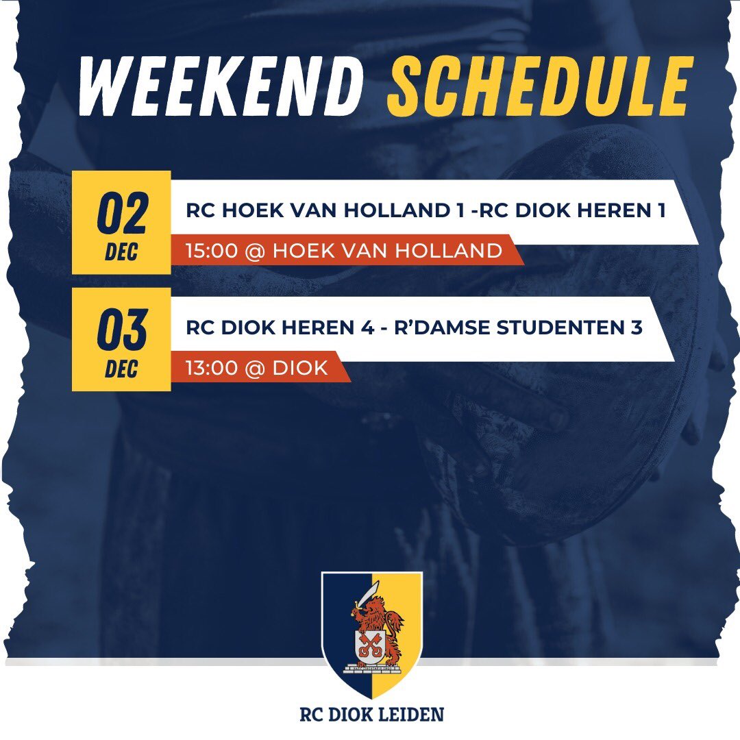 💙 DIOK MATCH SCHEDULE 💛
Dit weekend geen jeugdwedstrijden. Heren 2 speelt zaterdag uit tegen HvH.
Zondag speelt Heren 4 thuis tegen de Rotterdamse Studenten 3. 
Aanmoedigen langs de lijn, uit of thuis, wordt altijd erg gewaardeerd,dus wees welkom!   💪🏽⚡

#altijdsamen