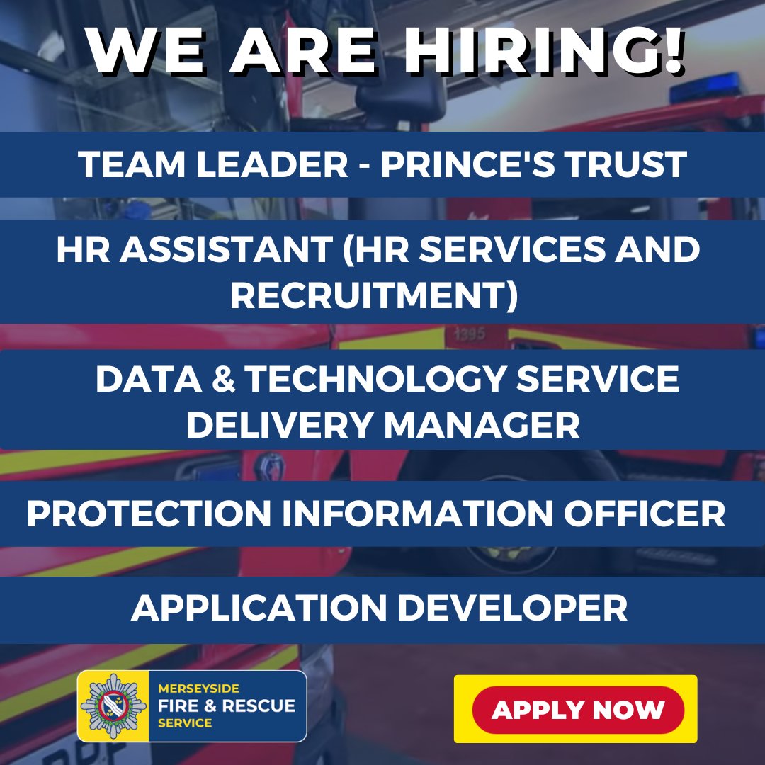 MerseyfireJobs's tweet photo. It's the start of another month, with lots of new careers to choose from! Start this month by looking at some of our latest job roles 🚒
We've got lots of positions available!
For more information or to apply ➡️ https://t.co/oEvzp3bPr1 https://t.co/FcWWwGVbS8