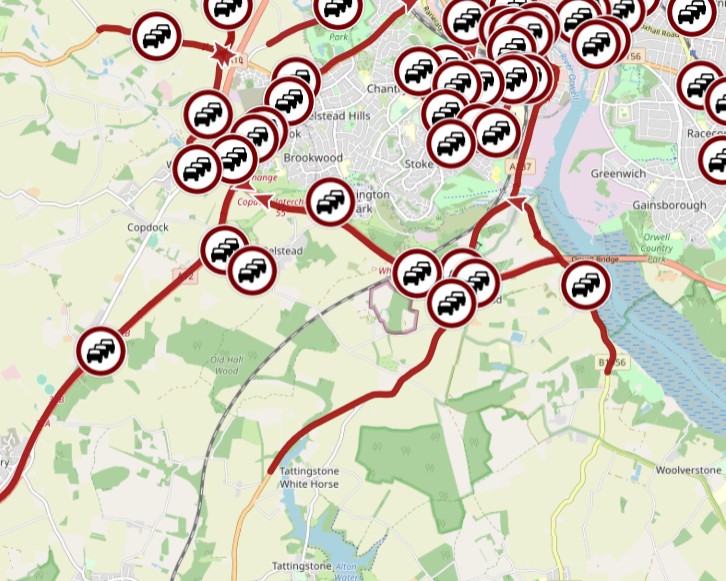 ActualRadioUK's tweet photo. Essex_Travel: ONGOING - In Suffolk the A14 Orwell Bridge remains closed eastbound because of broken down machinery used in overnight roadworks. Long delays on the A12 northbound approaching the A14 at the Copdock roundabout and surrounding routes. https://t.co/AQ8oMLn26I