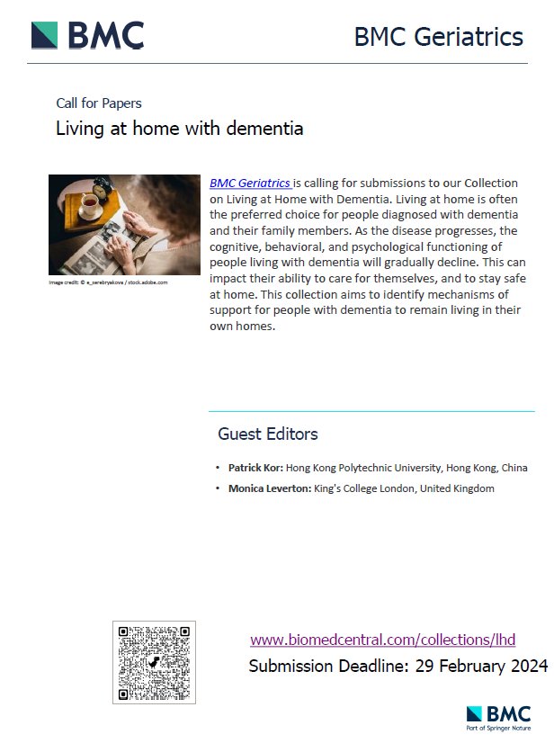 EXTENDED DEADLINE - the @BioMedCentral BMC Geriatrics Collection on Living at home with #dementia is now accepting submissions until 29th Feb 2024. Please check collection scope and journal requirements before submitting via biomedcentral.com/collections/lhd