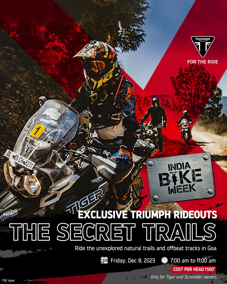 IndiaTriumph's tweet photo. All you Triumph owners riding to IBW, Goa, we have a fun-filled exclusive ride - The Secret Trails - curated just for you. Ride through the unexplored natural trails and offbeat tracks of Goa.
Register https://t.co/B4GX3QQOE2. Hurry, only 20 slots available!
#TriumphAtIBW https://t.co/aYjdivNVIt