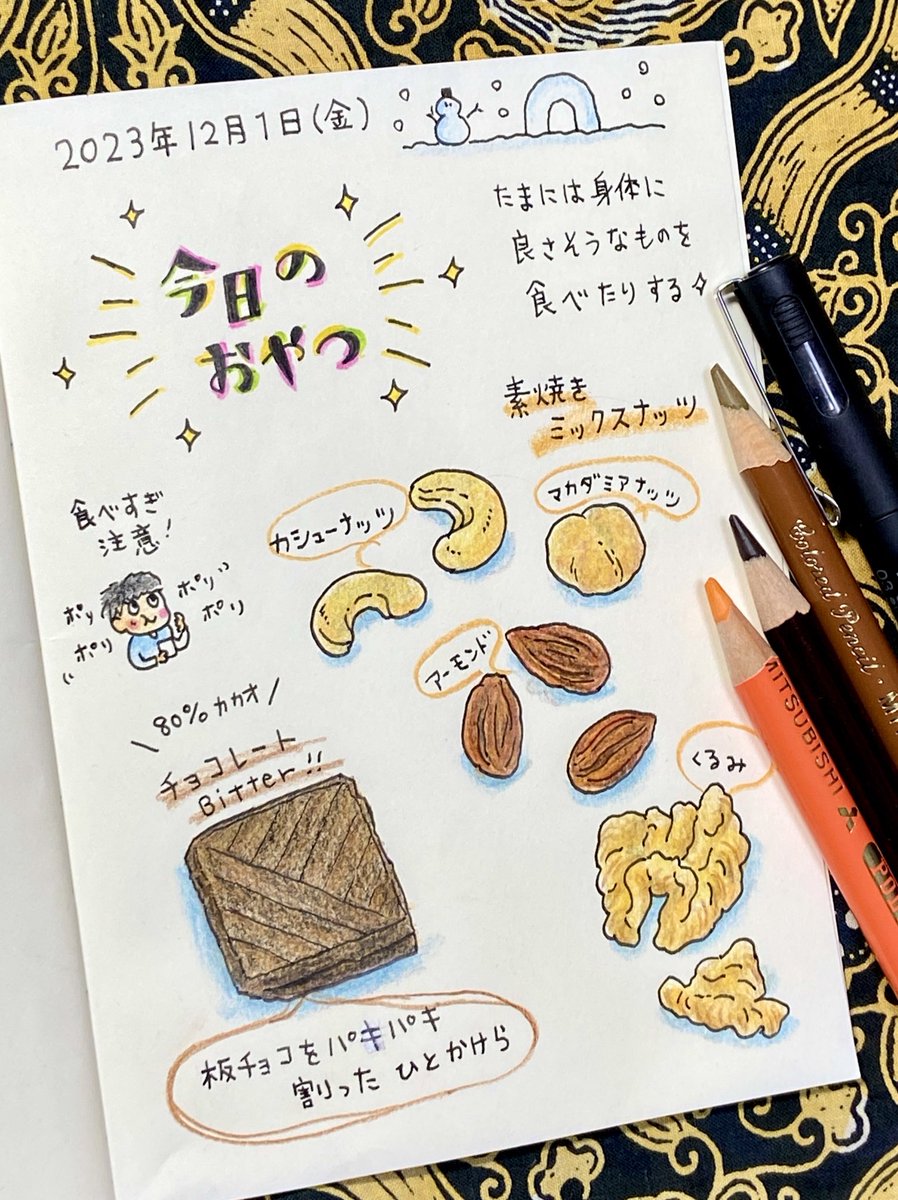 hatamotoko_0129's tweet photo. 絵日記231201
素焼きのナッツを常備しているので口寂しくなったらポリポリ食べてる😋✨
#絵日記 #大人の絵日記 #大人絵日記 #イラスト #色鉛筆 #POLYCOLOR #ペン #uni #PIN #三菱鉛筆 #MDノート #文具のミドリ https://t.co/VWLJfMSJRB