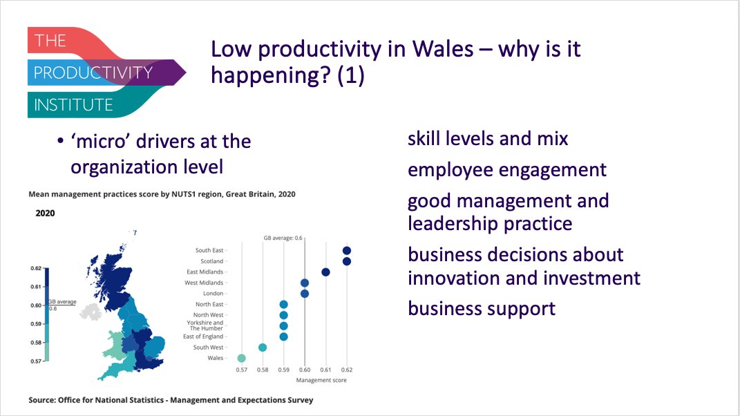 Prof Andrew Henley considers the possible micro drivers (such as skills level & mix and business decisions) and macro drivers (such as weak R&D performance and lower inward investment) behind low productivity in Wales. #productivityweek