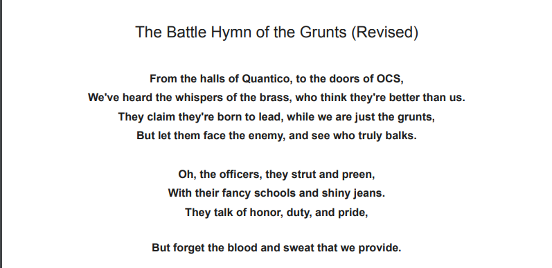 diamondllama's tweet photo. @AngryCops Good day Drill Sergeant. I appreciated this video, as it speaks about building fraternity instead of encouraging elitism. I took a stab at rewriting the Battle Hymn of the Corp.

No disrespect to any members of the service. Except Snoke - of course. https://t.co/TKz4bZFDhq