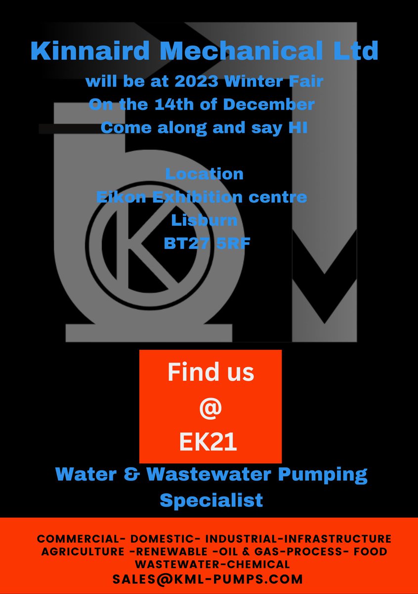 <a href="/BelfastKinnaird/">Kinnaird Mechanical Ltd</a>
will have a stand at this years Royal Ulster Winter Fair 14 December 2023 Eikon Exhibition Centre Northern Ireland ,Our team will be at our stand EK21.come along and say Hi
@EikonExhibition
@RUASWinterFair
#Fluidthinking #pump #northernireland #agriculture