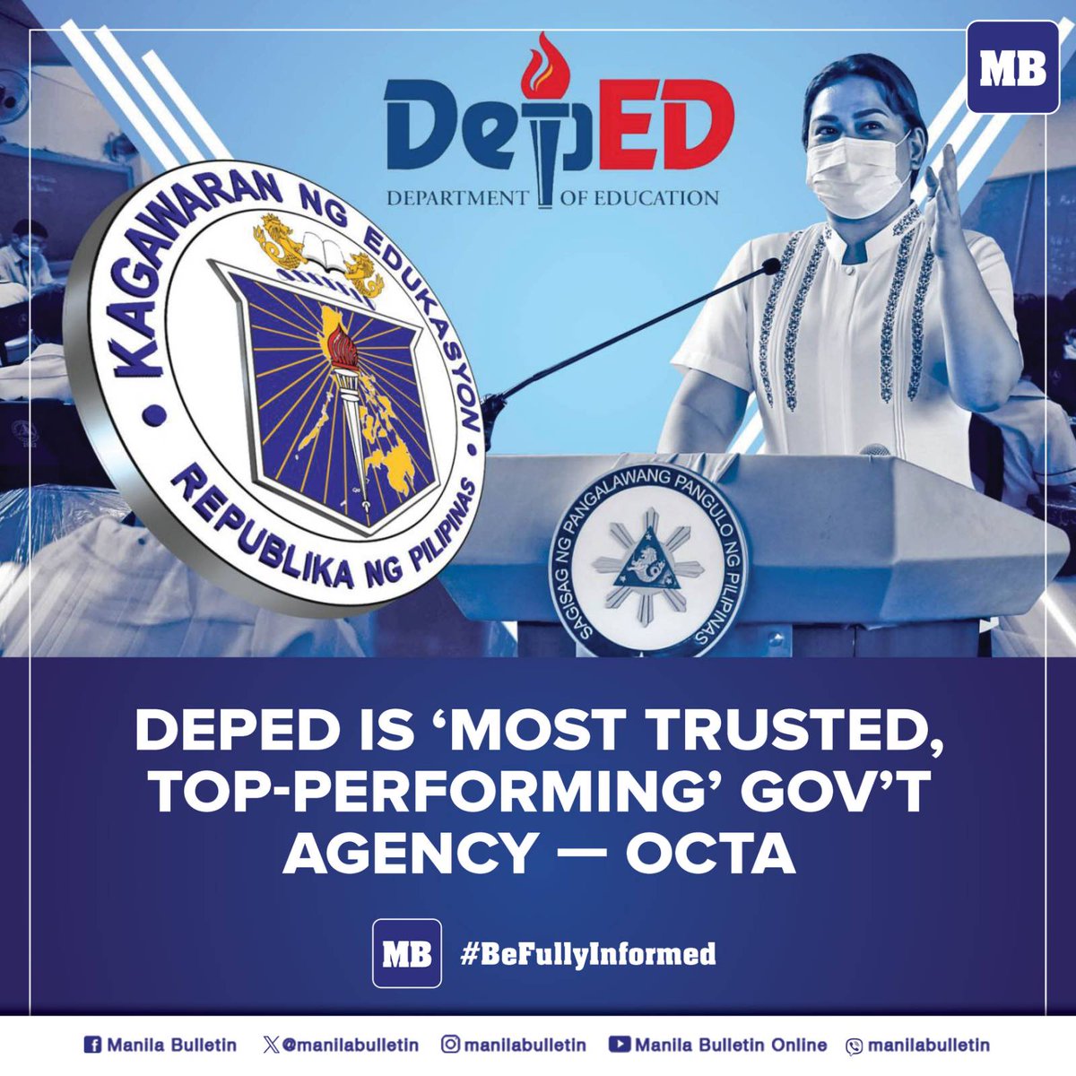 "DEPED IS MOST TRUSTED, TOP-PERFORMING GOV'T AGENCY"

—OCTA, Tugon ng Masa Nationwide Survey, December 1, 2023

Kitams?

Congrats, VP Inday Sara Duterte! 💚