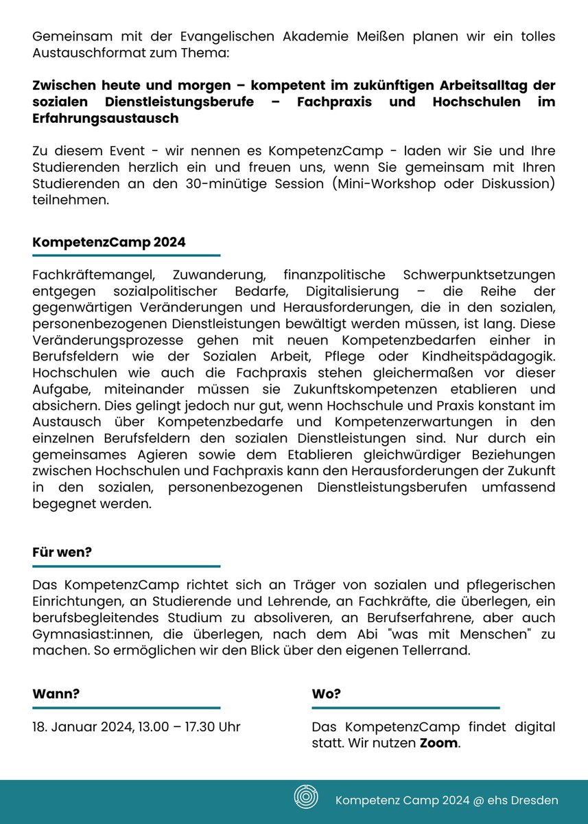 Ein neues Kooperationsprojekt!
Denn die Aufgaben in und für die #SozialeArbeit sind enorm, reden wir miteinander darüber und gehen sie an: #Zuwanderung #Fachkräftemangel #Finanzen #Digitalisierung.

👇Details &amp; Anmeldung
buergerbeteiligung.sachsen.de/portal/ehs-dre…

#evlks #sachsen #dresden #Studium