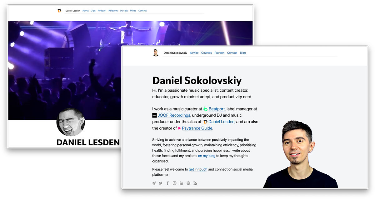 As I dive into different roles now, both within and beyond the music scene, I’ve decided to split my website into two separate entities: • dsokolovskiy.com • daniellesden.com Exciting changes ahead—I hope you'll enjoy the updates!