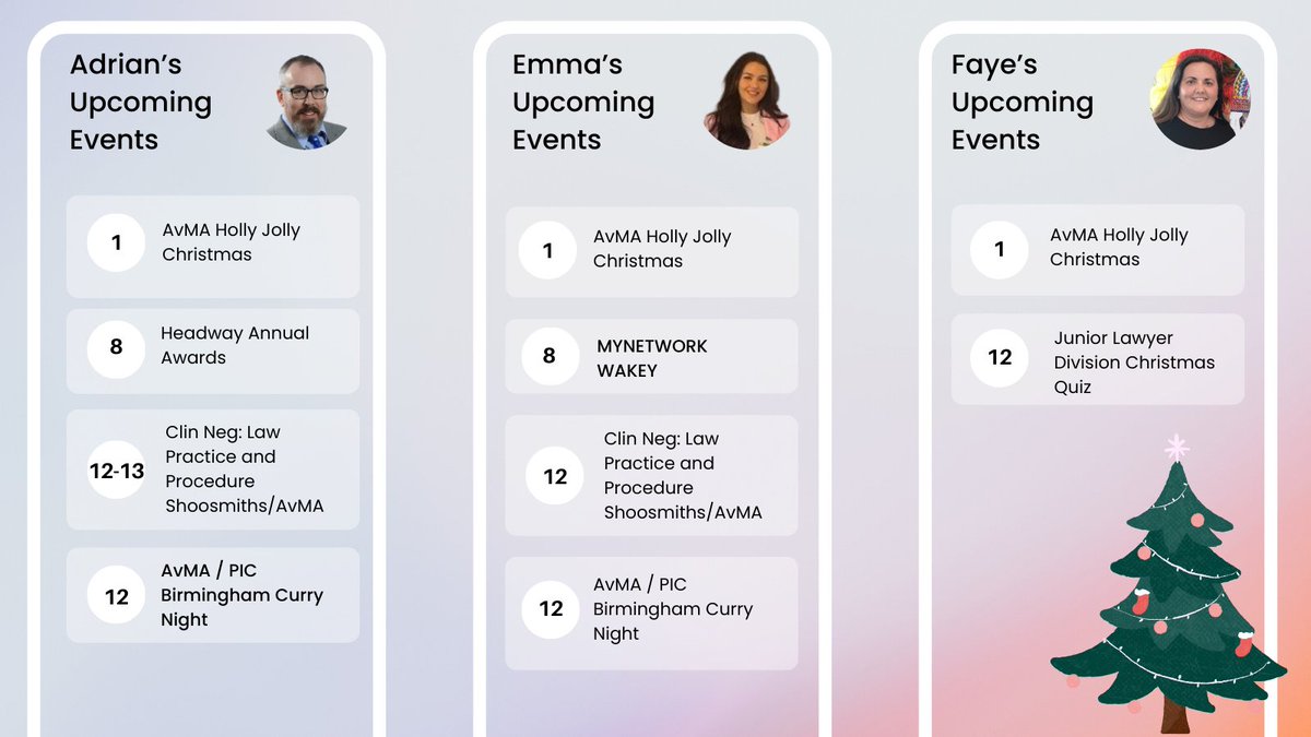 The last month of the year is here, so lets have a look at where our Engagement and Development Team are this festive month!🎄⛄🎅🏼

@AdrianPIC_Legal <a href="/EmmaPIC_Legal/">Emma Woolley</a>  <a href="/FayeMoran0509/">Faye Moran</a>

#events #december #networking