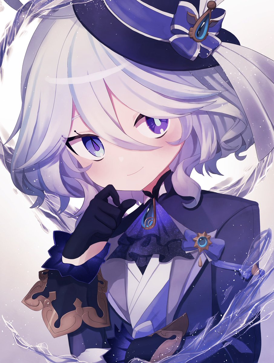 furina (genshin impact) hat gloves smile solo 1girl black gloves purple eyes  illustration images