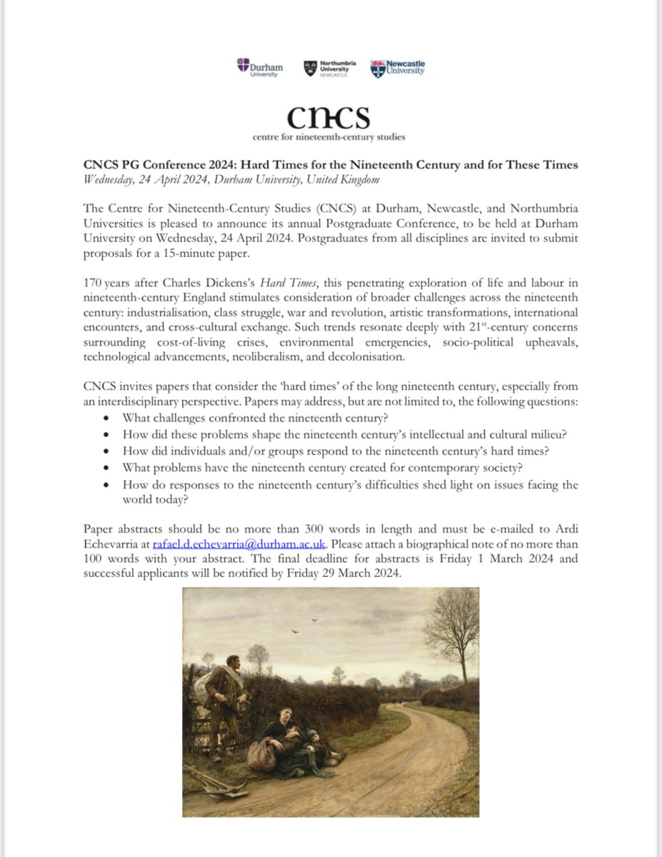 We are excited to share our call for papers for our annual PG conference on 24 April 2024: Hard Times for the Nineteenth Century and for These Times. This is your opportunity to present your research in a welcoming and supportive environment and meet like minded colleagues.