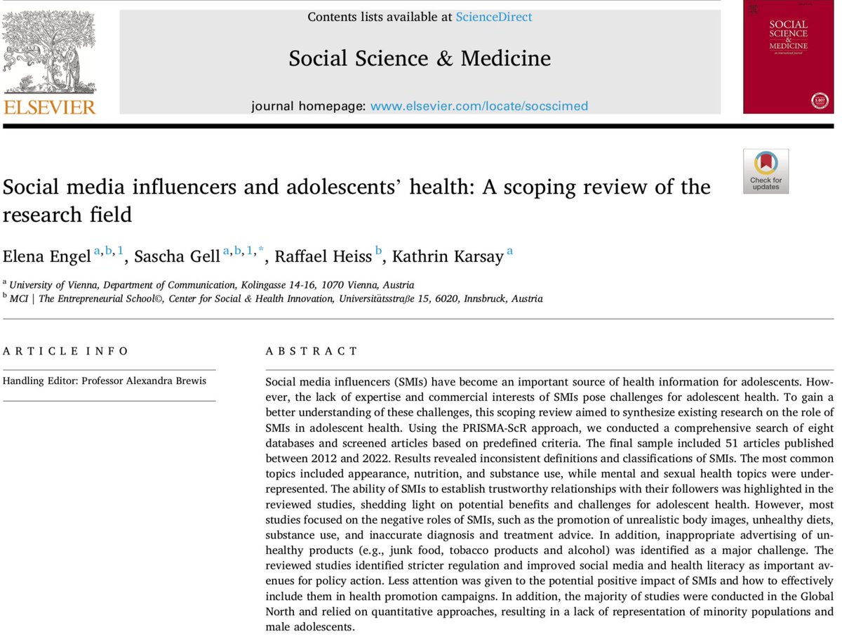 RaffaelHeiss's tweet photo. 📢OUR #REVIEW on #Influencers and young people’s #health is now out in @socscimed 

We find: Current studies primarily focus on appearance, nutrition, substance use, but the topics mental health, sexual health, and physical activity are underexplored.
https://t.co/tul07fIBAq
 1/5 https://t.co/BfWAEospXV