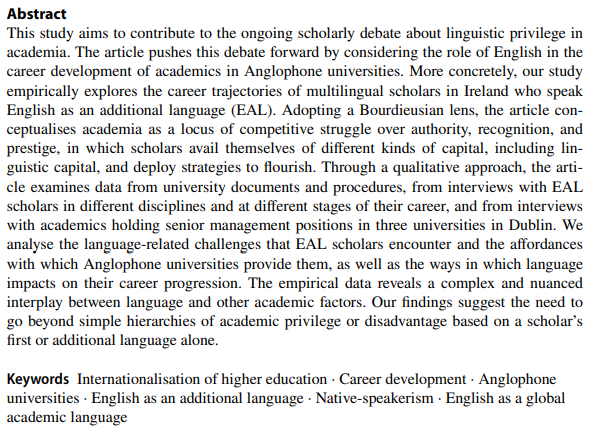 Iker_Erdocia's tweet photo. 📢Publication alert!📢 Delighted to see this important article with @jsolercarbonell published in Higher Education: 'English language and the career progression of academics in Anglophone universities'. https://t.co/50nyqiHQzB https://t.co/iA4LYiSzmi