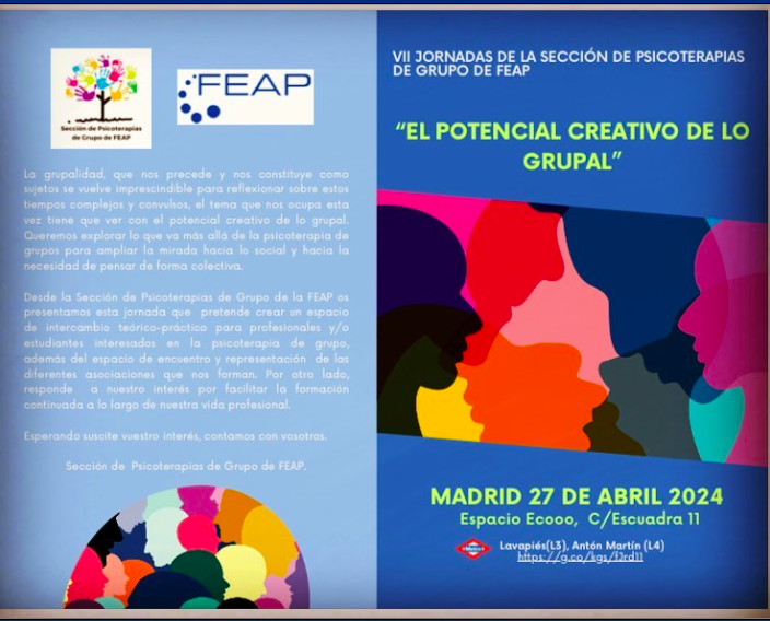FEAPsicoterapia's tweet photo. El 27 de abril tendrá lugar las VII Jornadas de la sección de #psicoterapias de #grupo #FEAP
EL POTENCIAL CREATIVO DE LO GRUPAL
Jornada intensiva
Os compartiremos más información próximamente. https://t.co/Q7BvHobDqp