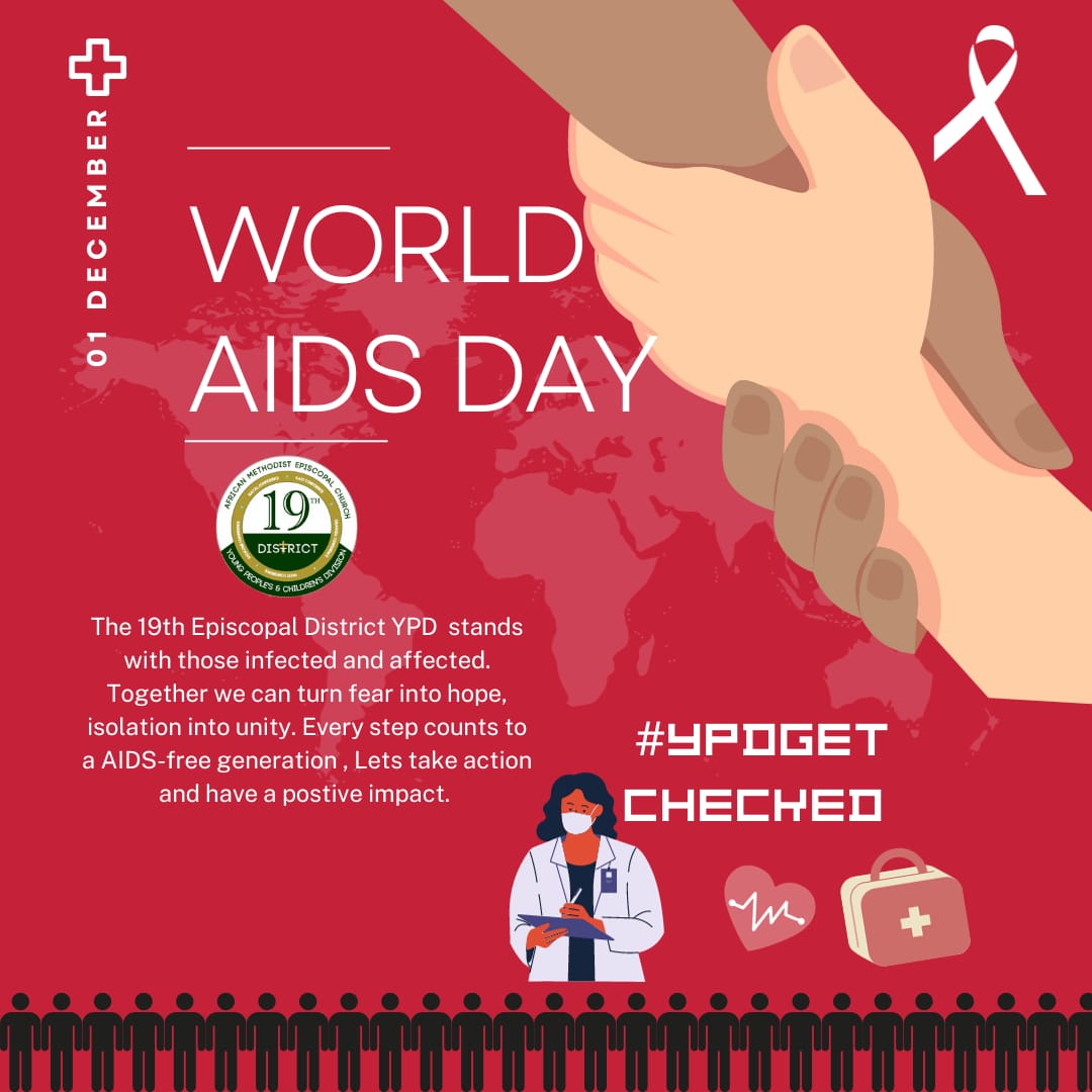 Ypd19th's tweet photo. Today we commemorate World AIDS Day!🎗️❤️May we use this day to stand with those infected and affected. Our role as the church is to be the pillars that hold up the community. 
LET'S GET CHECKED! 💉 #YPDGETCHECKED. https://t.co/ddjhx9RS5e