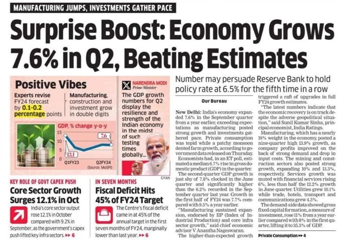 AMinputs's tweet image. Data released by the National Statistical Office shows that Gross Domestic Product rose 7.6% in July-September 2023, higher than 6.2% last year during the second quarter. It is powered by robust growth in manufacturing, construction and mining. Manufacturing, which has a nearly…