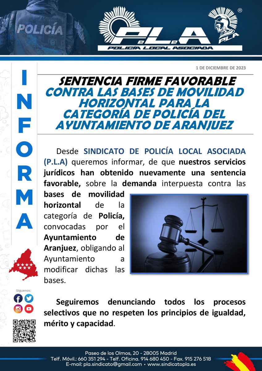 sindicatopla's tweet image. Sentencia firme favorable contra las bases de 3 plazas por movilidad horizontal de @PoliciaAranjuez del @Ayto_Aranjuez 

El Juzgado obliga a modificar dichas bases.

Estaremos atentos a la ejecución de la sentencia.

@alcaldearanjuez @oblancoh @AltunaMiren  @HeraldoAranjuez