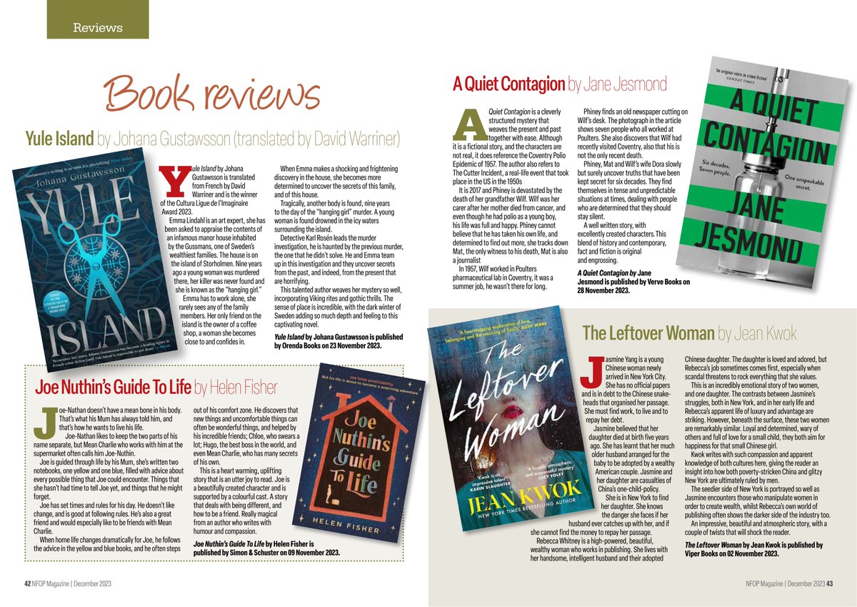 Delighted to share my @MatureTimes #BookReviews today 

#YuleIsland @JoGustawsson @OrendaBooks 
#JoeNuthinsGuideToLife @HFisherAuthor @simonschusterUK 
#AQuietContagion @AuthorJJesmond @VERVE_Books 
#TheLeftoverWoman @JeanKwok @ViperBooks